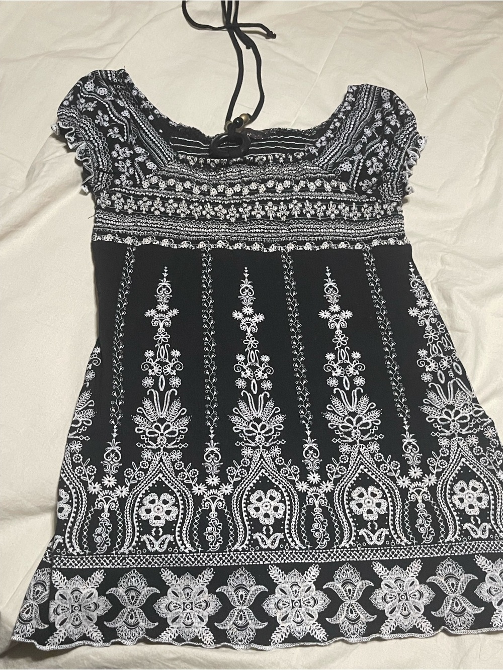Almost Famous Black and White Embroidered Boho Top with Wooden Ring